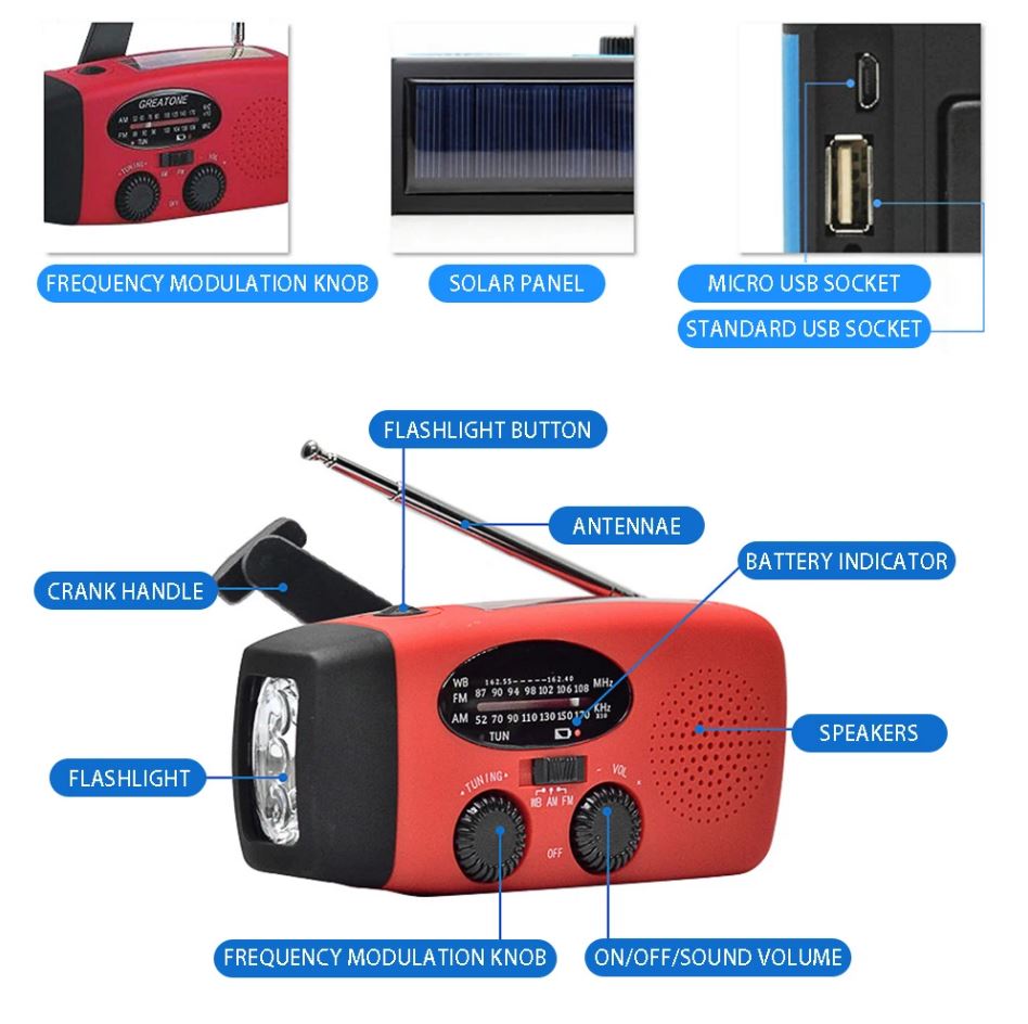 Weerradio met handslinger en zonnecellen