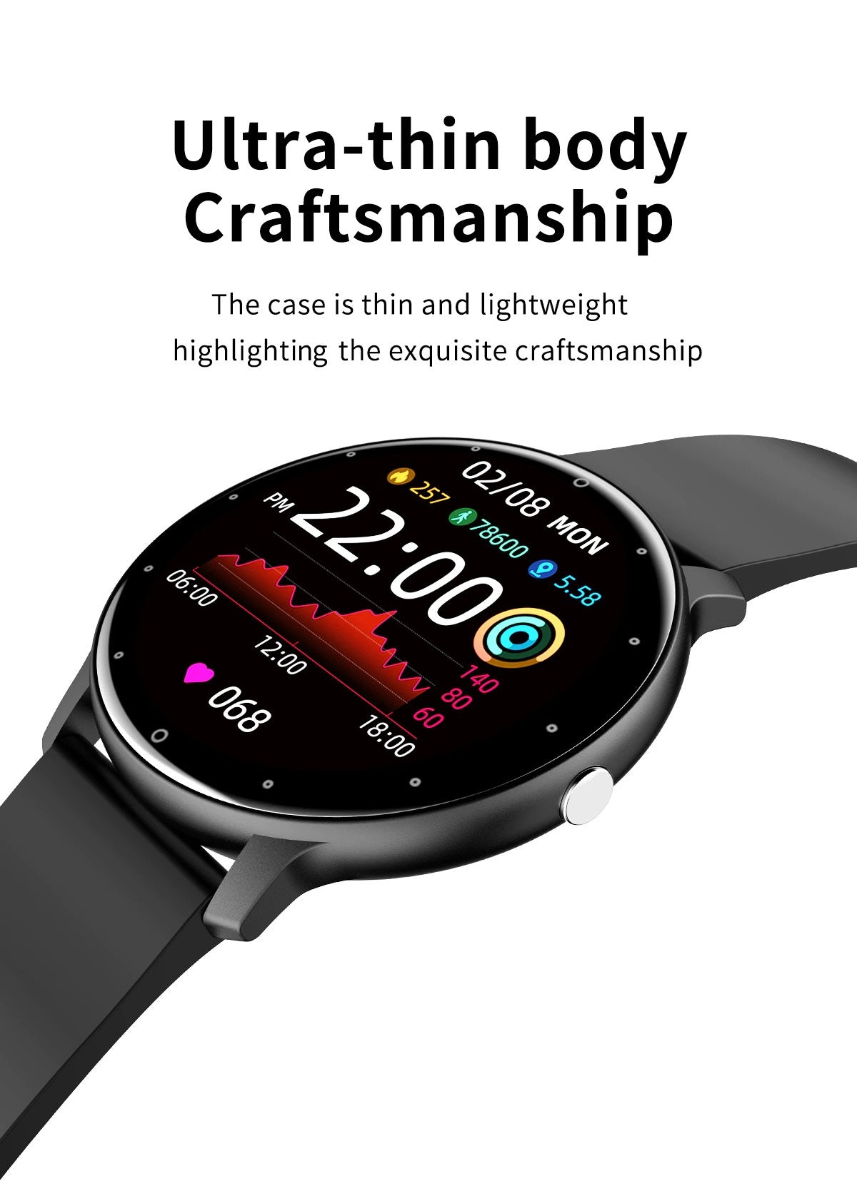 IP67 ultradun Smartwatch - Slanke full touchscreen fitnesstracker met waterdicht ontwerp