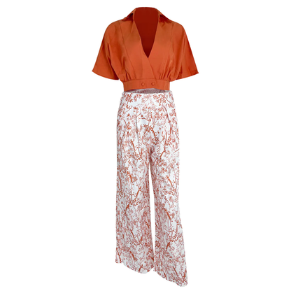FloraChick™ Elegante set met halve mouwen en broek