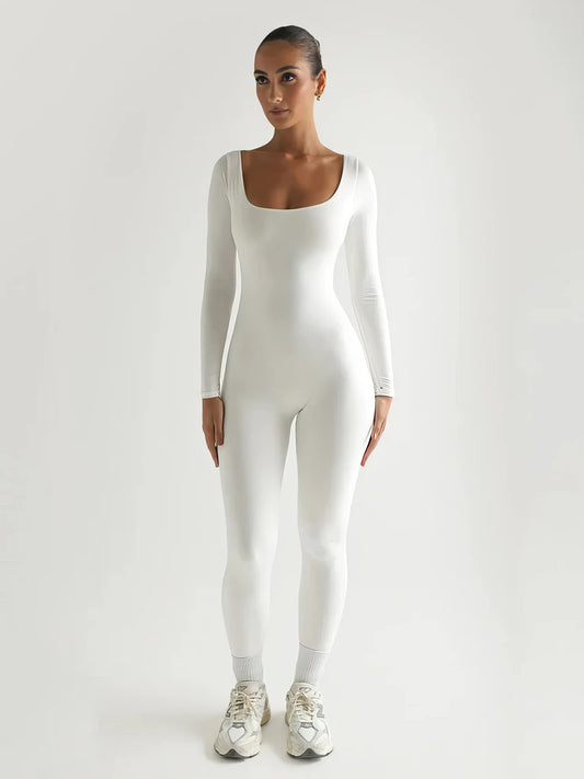 Witte Bodycon Yoga jumpsuit met lange mouwen - naadloos, hoge taille, actieve kleding